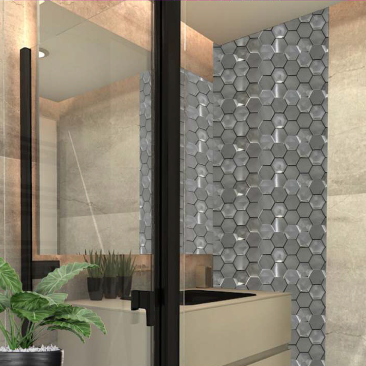 Malla / cenefa / Mosaico decorativa DISEÑO GEOMETRICO, ACERO INOXIDABLE mod. ZEUZ DETALLES cromados 30X30CM