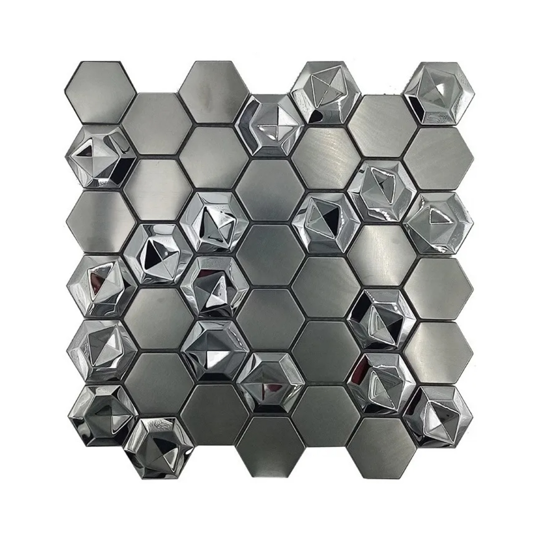 Malla / cenefa / Mosaico decorativa DISEÑO GEOMETRICO, ACERO INOXIDABLE mod. ZEUZ DETALLES cromados 30X30CM