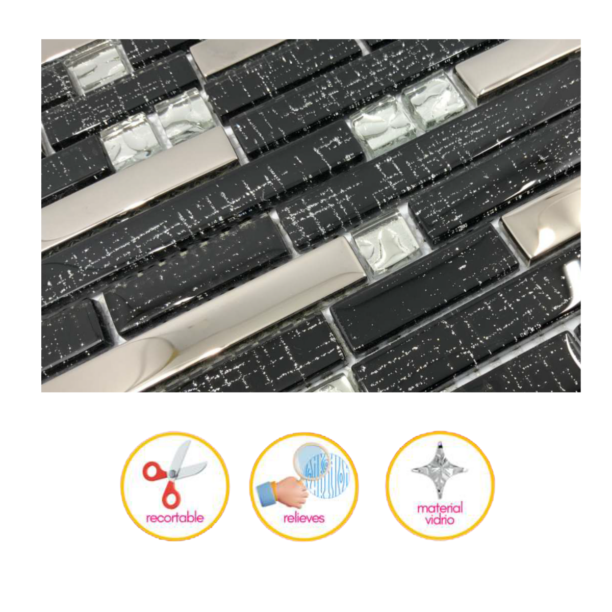 Malla / cenefa / Mosaico decorativa 100% cristal mod. PLANET DETALLES cromados