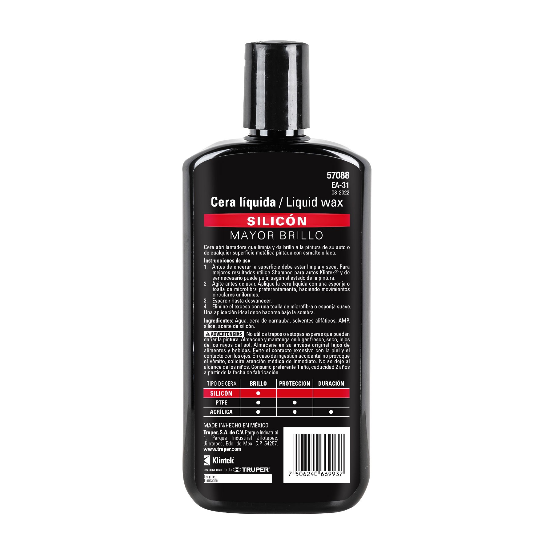 CERA LÍQUIDA DE SILICÓN PARA AUTO, 473 ML, KLINTEK 57088