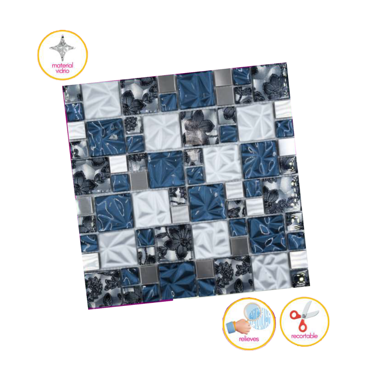 Malla / cenefa / Mosaico decorativa 100% cristal color azul y tonos pleados mod. lirio