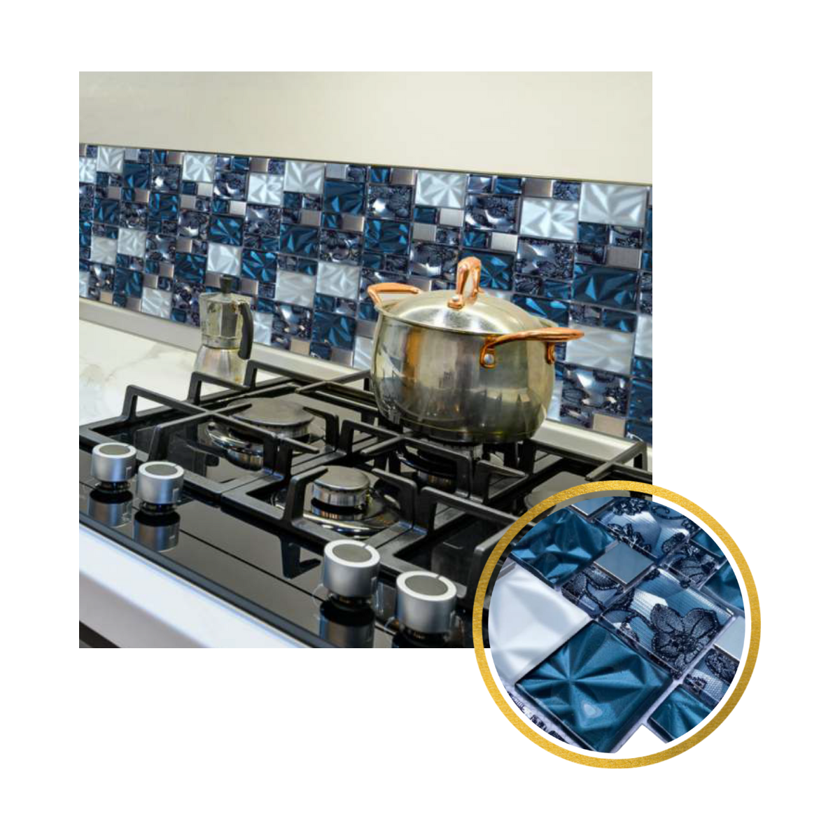 Malla / cenefa / Mosaico decorativa 100% cristal color azul y tonos pleados mod. lirio