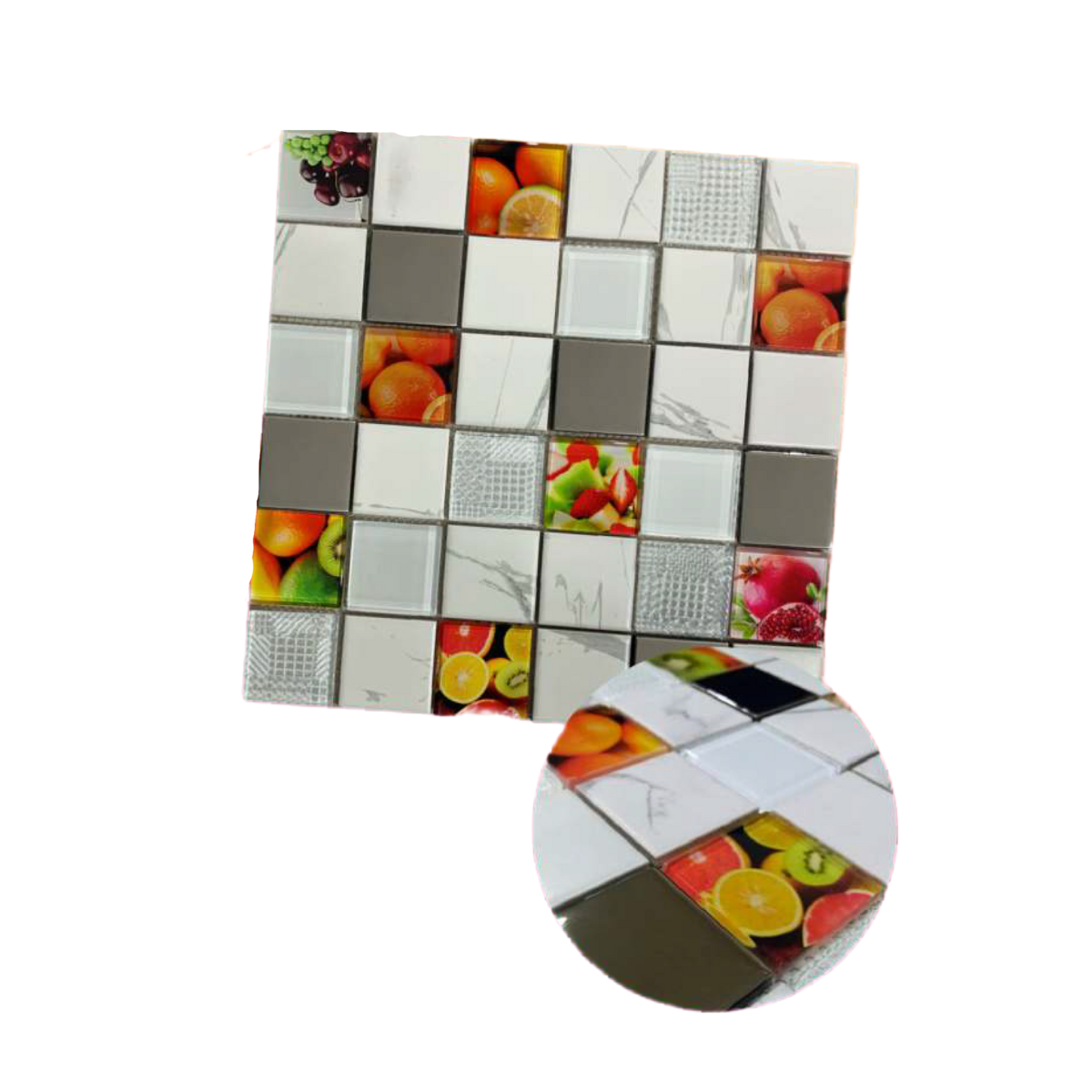 Malla / cenefa / Mosaico decorativa 100% cristal mod. Frutas DETALLES cromados 30X30cm