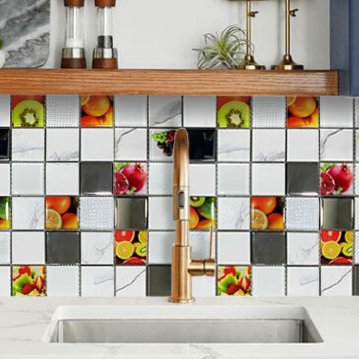 Malla / cenefa / Mosaico decorativa 100% cristal mod. Frutas DETALLES cromados 30X30cm