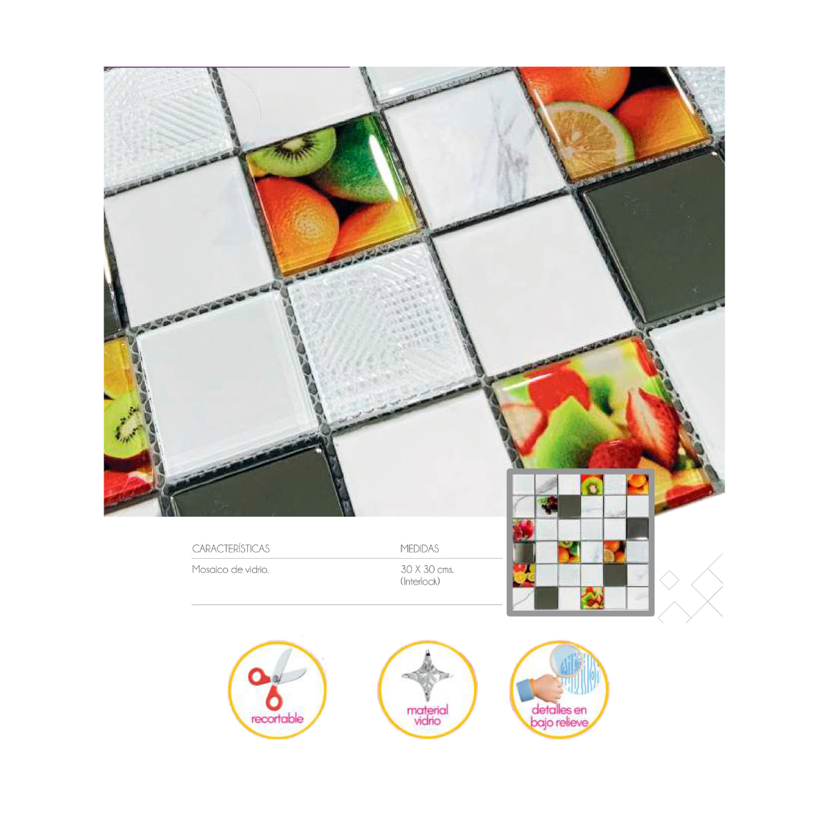 Malla / cenefa / Mosaico decorativa 100% cristal mod. Frutas DETALLES cromados 30X30cm