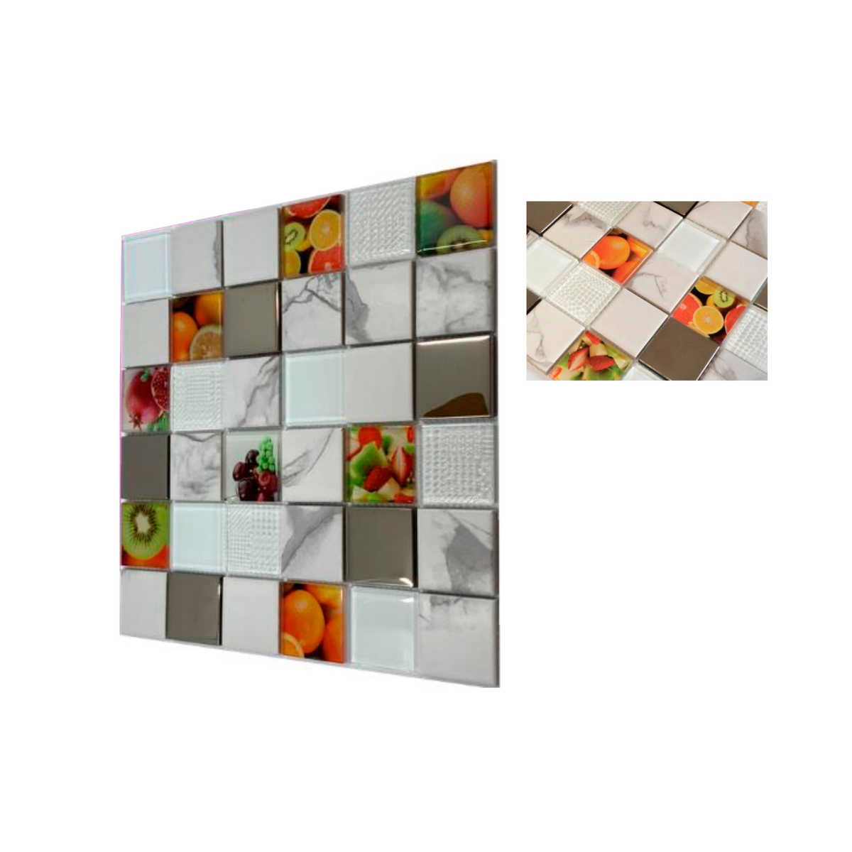 Malla / cenefa / Mosaico decorativa 100% cristal mod. Frutas DETALLES cromados 30X30cm