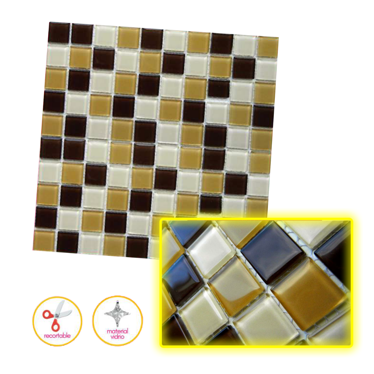 Malla / cenefa / Mosaico decorativa 100% cristal tonos café y amarillo 30x30cm mod. Oviedo