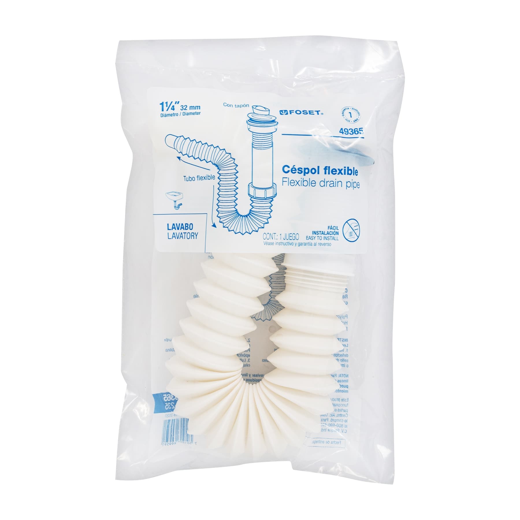 CÉSPOL FLEXIBLE 1-1/4", CONTRA, POLIPROPILENO, PARA LAVABO FOSET 49365