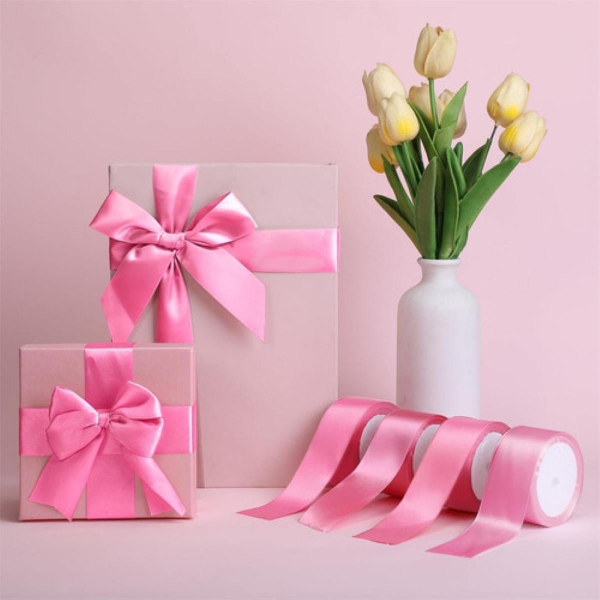 4pcs Rollo De Liston Satinado #9(3.8cm) Con 23 Metros rosa