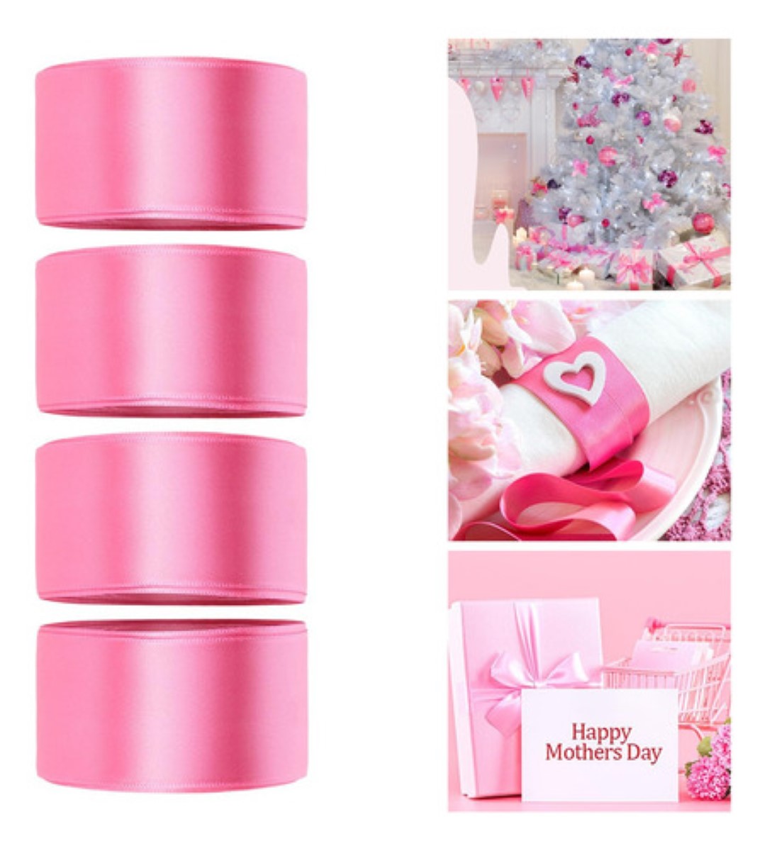 4pcs Rollo De Liston Satinado #9(3.8cm) Con 23 Metros rosa