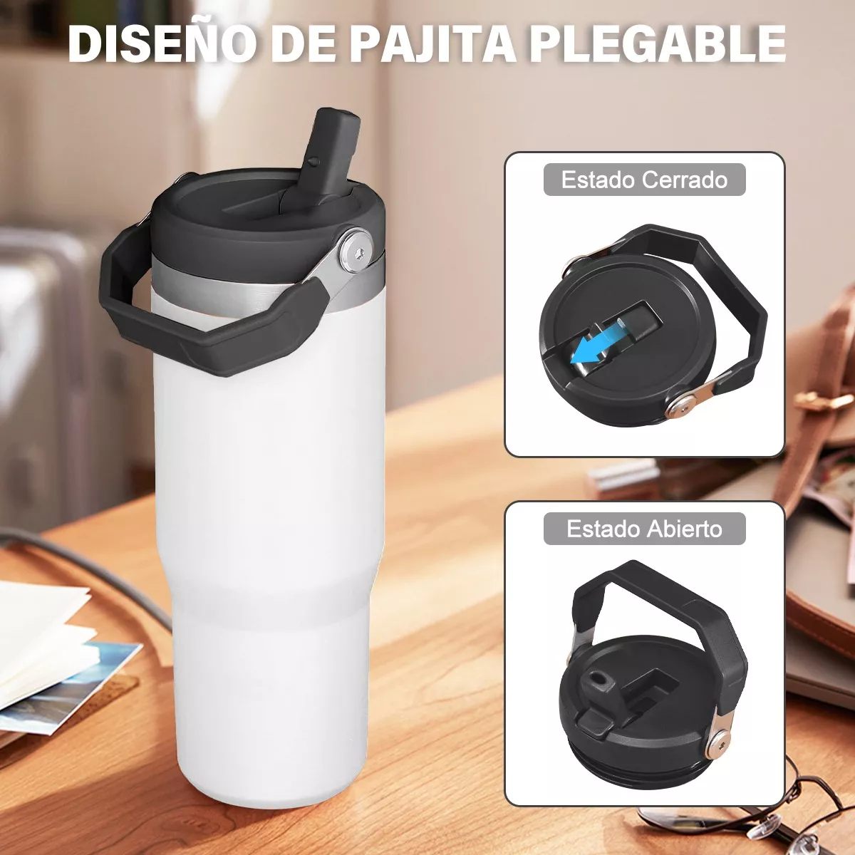 Vaso Térmico De 30oz Acero Inoxidable Con Popote Y Asa Blanco