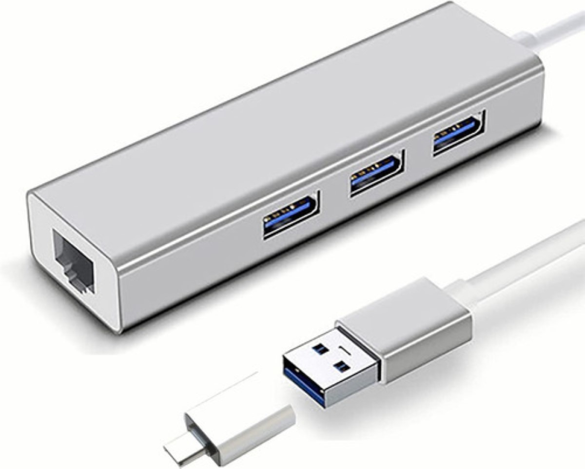 Adaptador Hub Ethernet Rj45 Red Lan Usb C 3 Usb3.0 Gris
