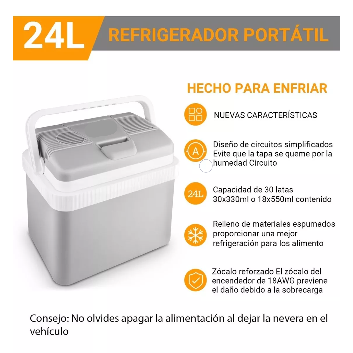 Hielera Enfriador Eléctrico De 24 Litros, 12 V Cc Gris