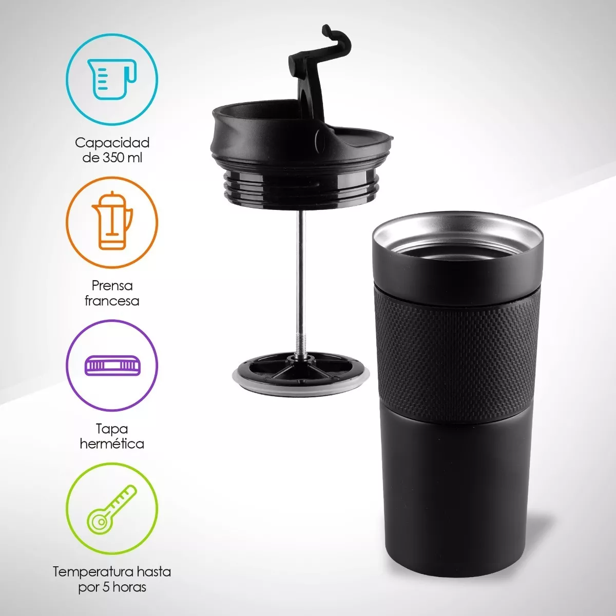 Termo Para Cafe Con Prensa Francesa Taza Termica Color Negro