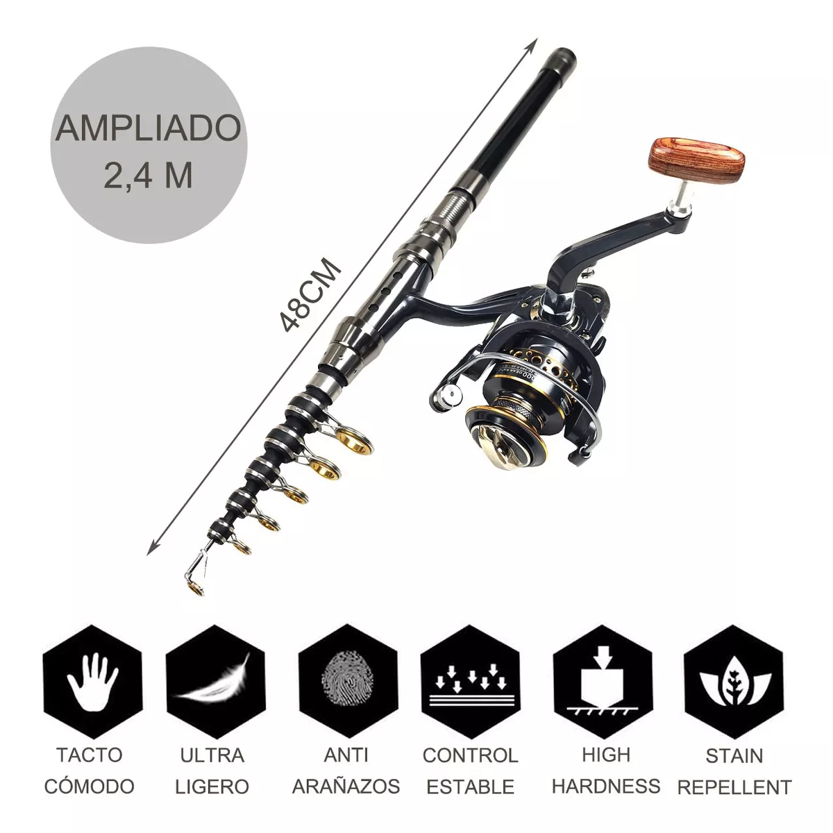 Kit De Pesca Telescópica Caña Y Carrete 2.4m Con Señuelos