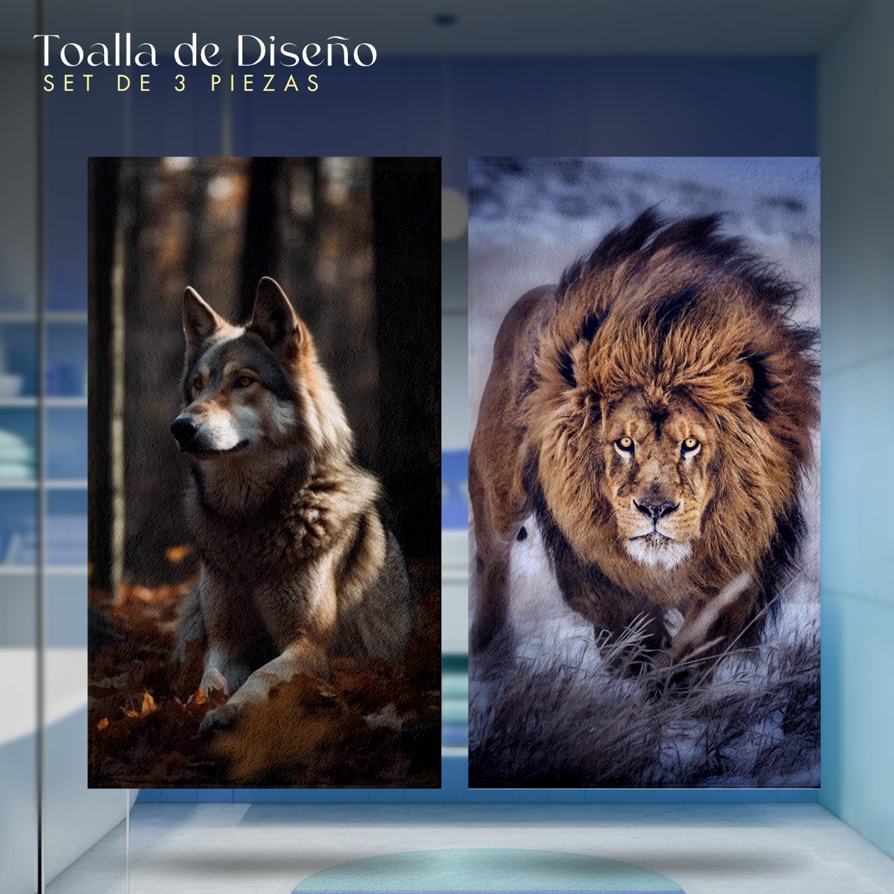 Set 3 Toallas De Baño Diseño Lobo Tigre y Leon Microfibra de Poliéster Suave Absorbente Secado Rápido Multiuso.