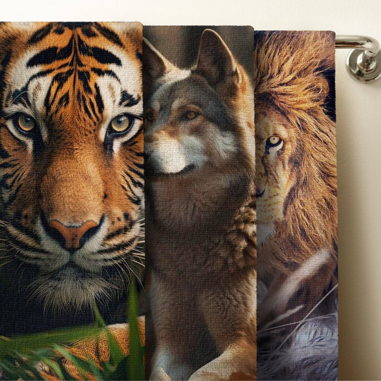 Set 3 Toallas De Baño Diseño Lobo Tigre y Leon Microfibra de Poliéster Suave Absorbente Secado Rápido Multiuso.