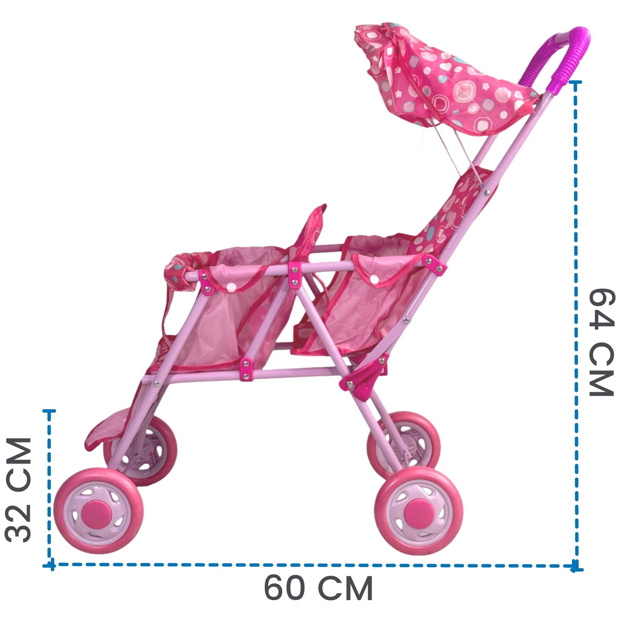 Carriola para Muñecas de Juguete Plegable Doble Gemelar  - Rosa.