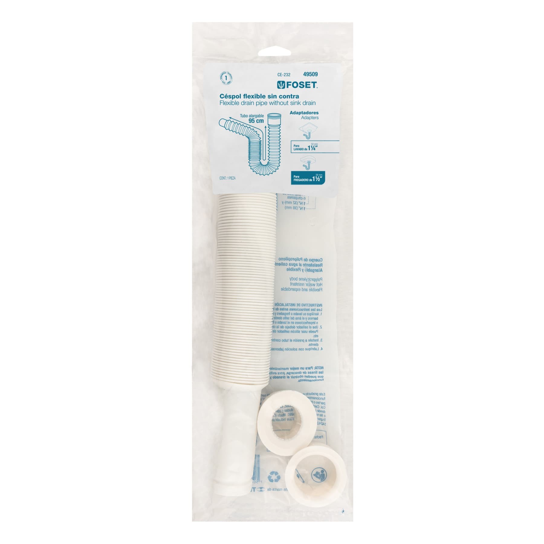 CÉSPOL FLEXIBLE, POLIETILENO BLANCO, PARA LAVABO Y FREGADERO FOSET 49509