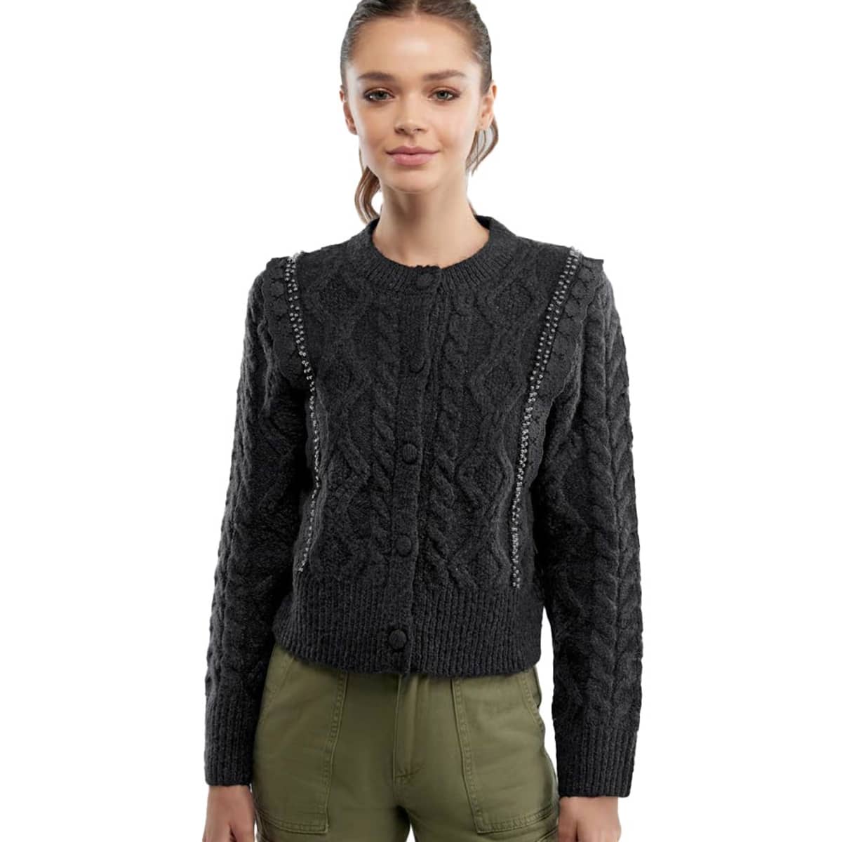 Sweater marca Sao Paulo para mujer, color gris oscuro, con aplicaciones, mod. 1096304
