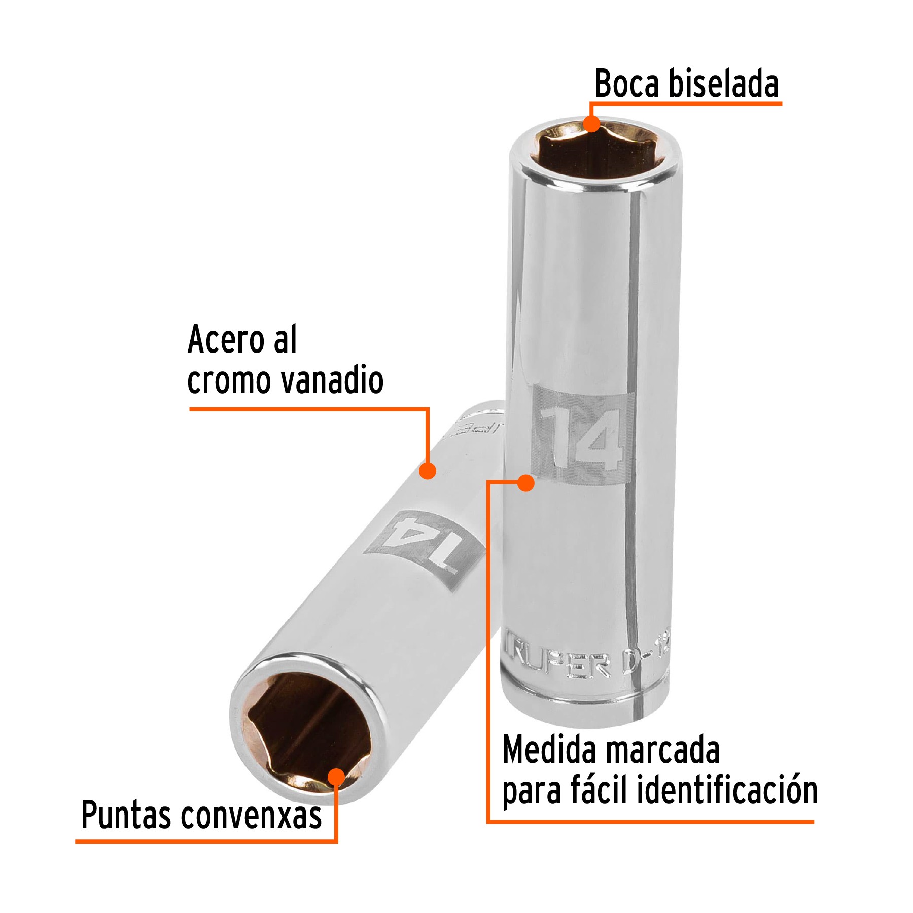 DADO LARGO DE 14 MM, 6 PUNTAS, CUADRO 1/2", TRUPER 13354