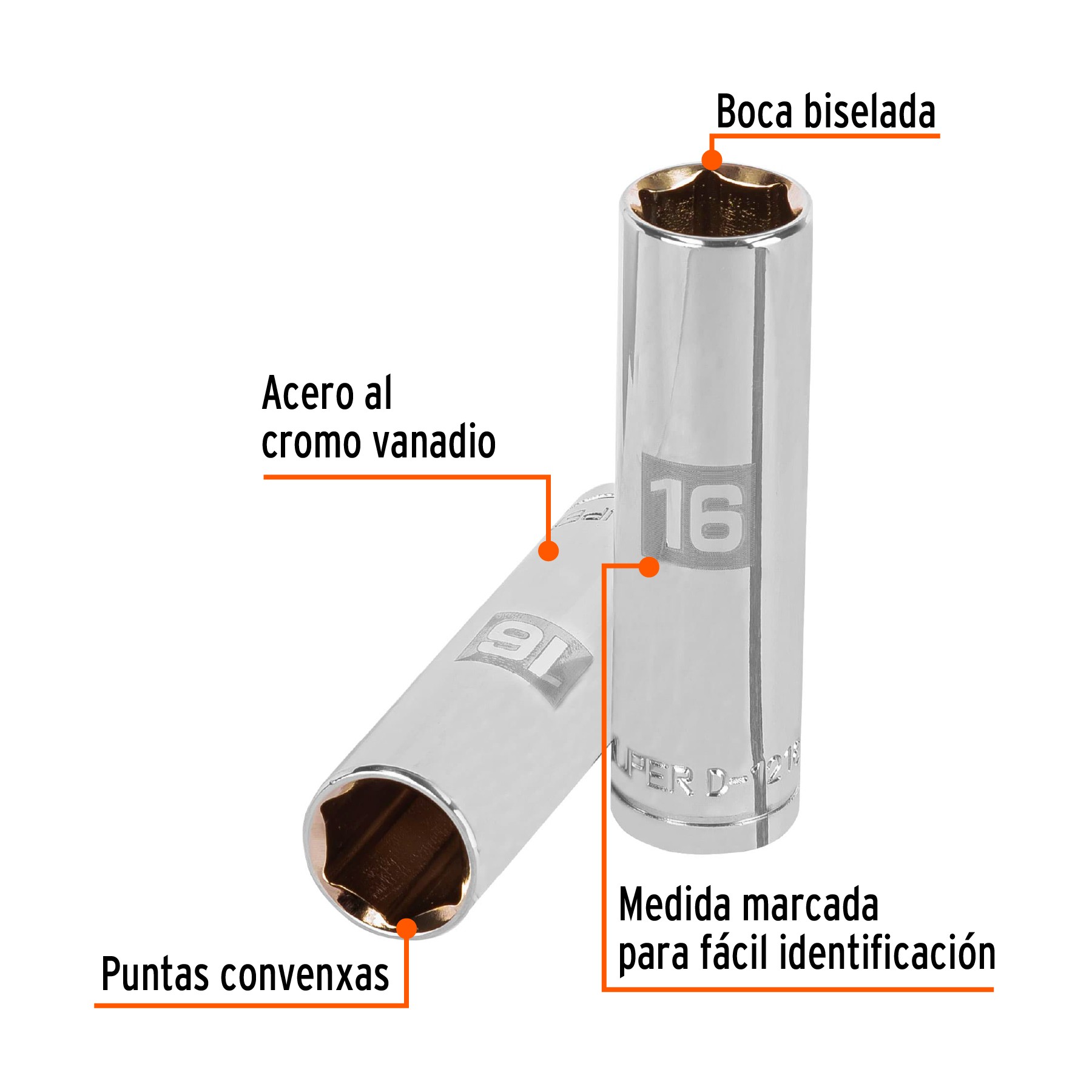 DADO LARGO DE 16 MM, 6 PUNTAS, CUADRO 1/2", TRUPER 13356