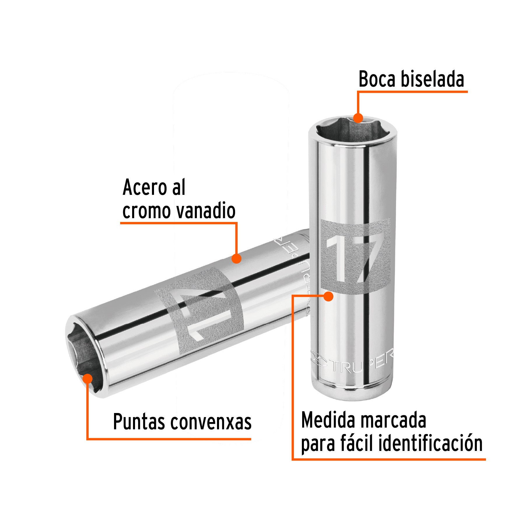 DADO LARGO DE 17 MM, 6 PUNTAS, CUADRO 1/2", TRUPER 13357