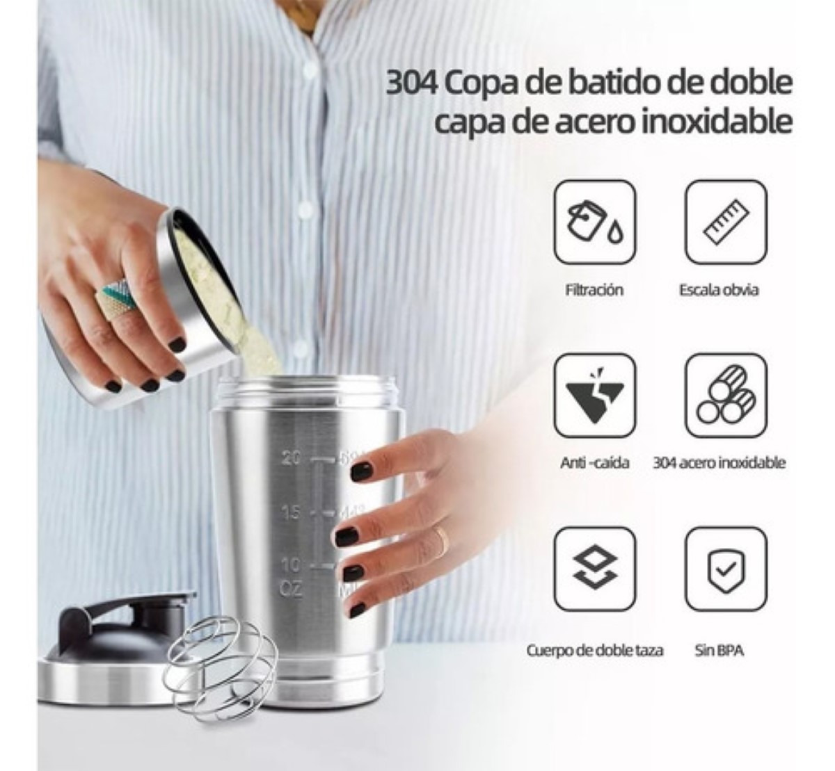 Vaso Agitador De Proteína De Acero Inoxidable Para Gimnasio Plata