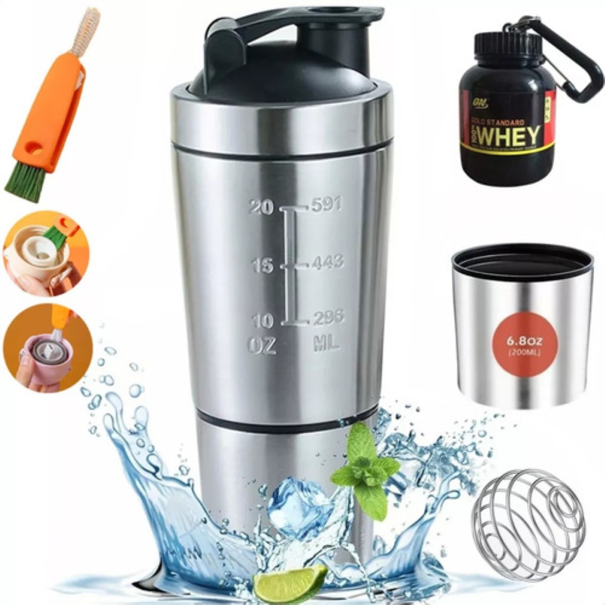 Vaso Agitador De Proteína De Acero Inoxidable Para Gimnasio Plata