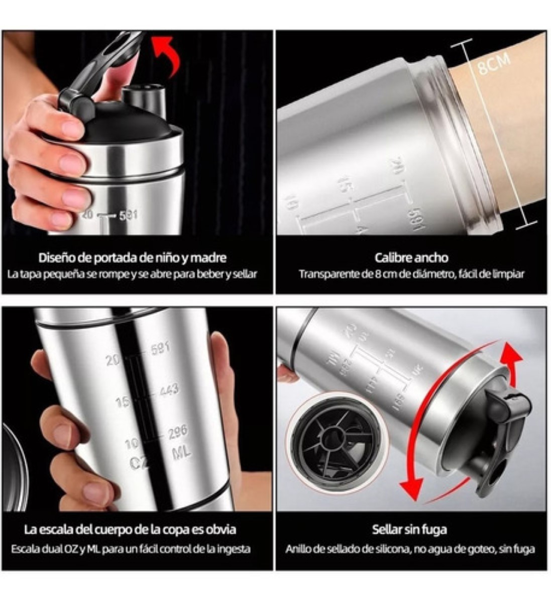 Vaso Agitador De Proteína De Acero Inoxidable Para Gimnasio Plata