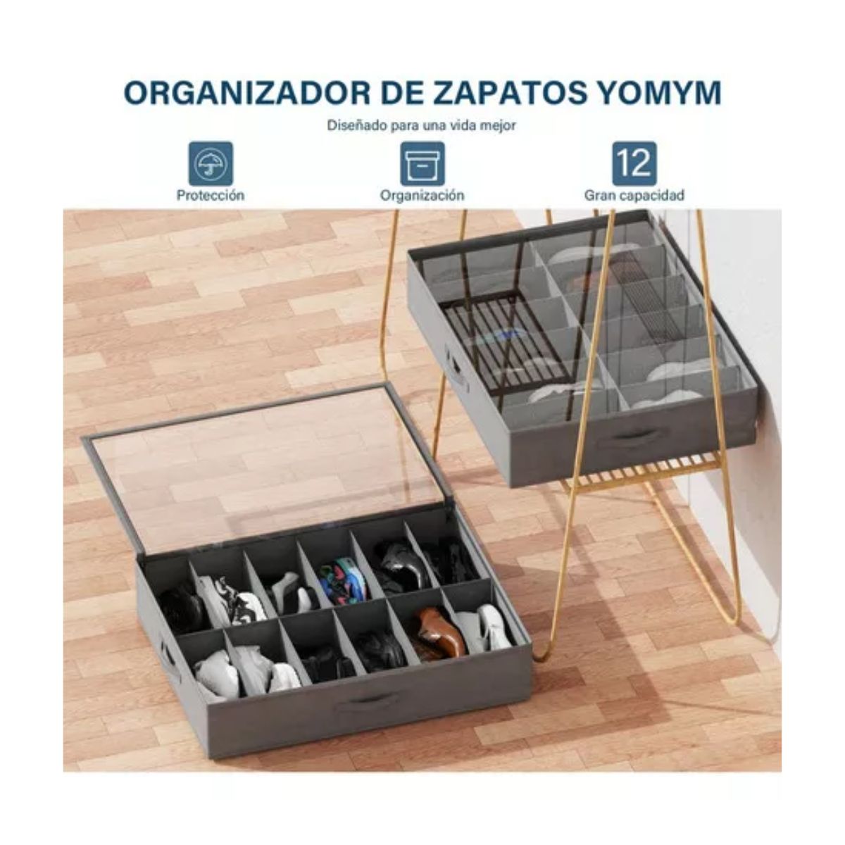 Zapatera Plegable Bajo Cama Para 12 Pares Guardar Espacio Gris