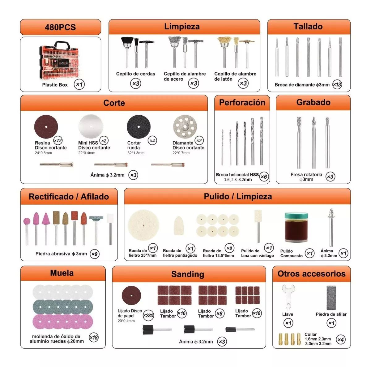 Kit 480 Pzas Accesorios Para Mini Taladro Mototool Goxawee