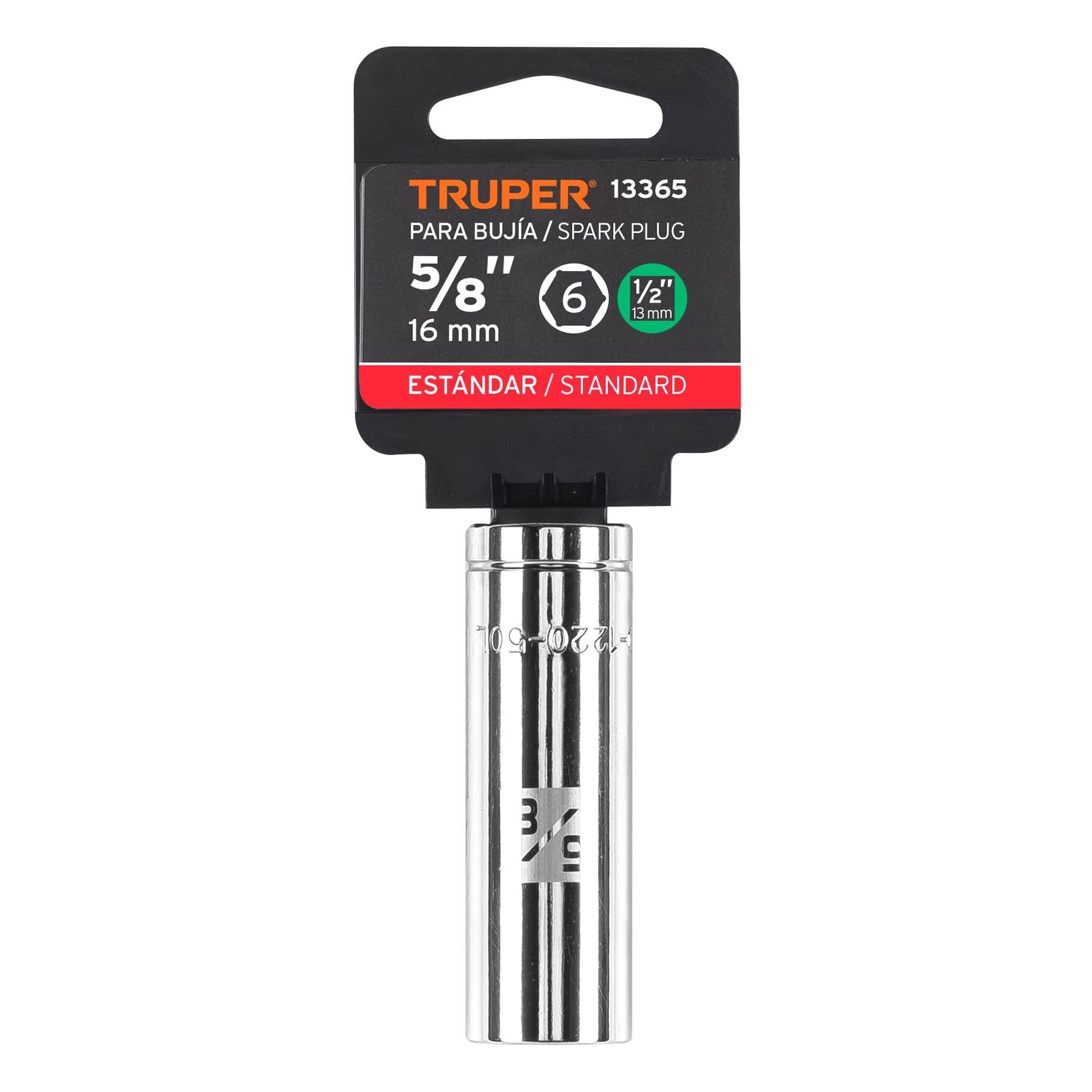 DADO LARGO PARA BUJÍA DE 5/8", 6 PUNTAS, CUADRO DE 1/2" TRUPER 13365