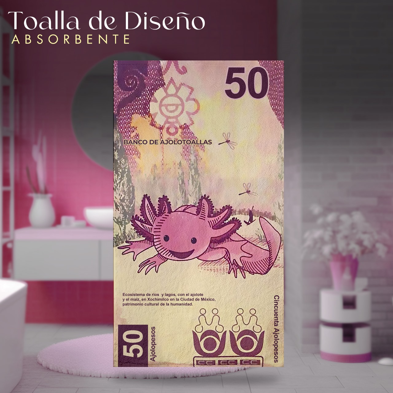 Toalla De Baño Diseño Billete 50 Pesos Ajolote Microfibra de Poliéster Suave Absorbente Secado Rápido Multiuso