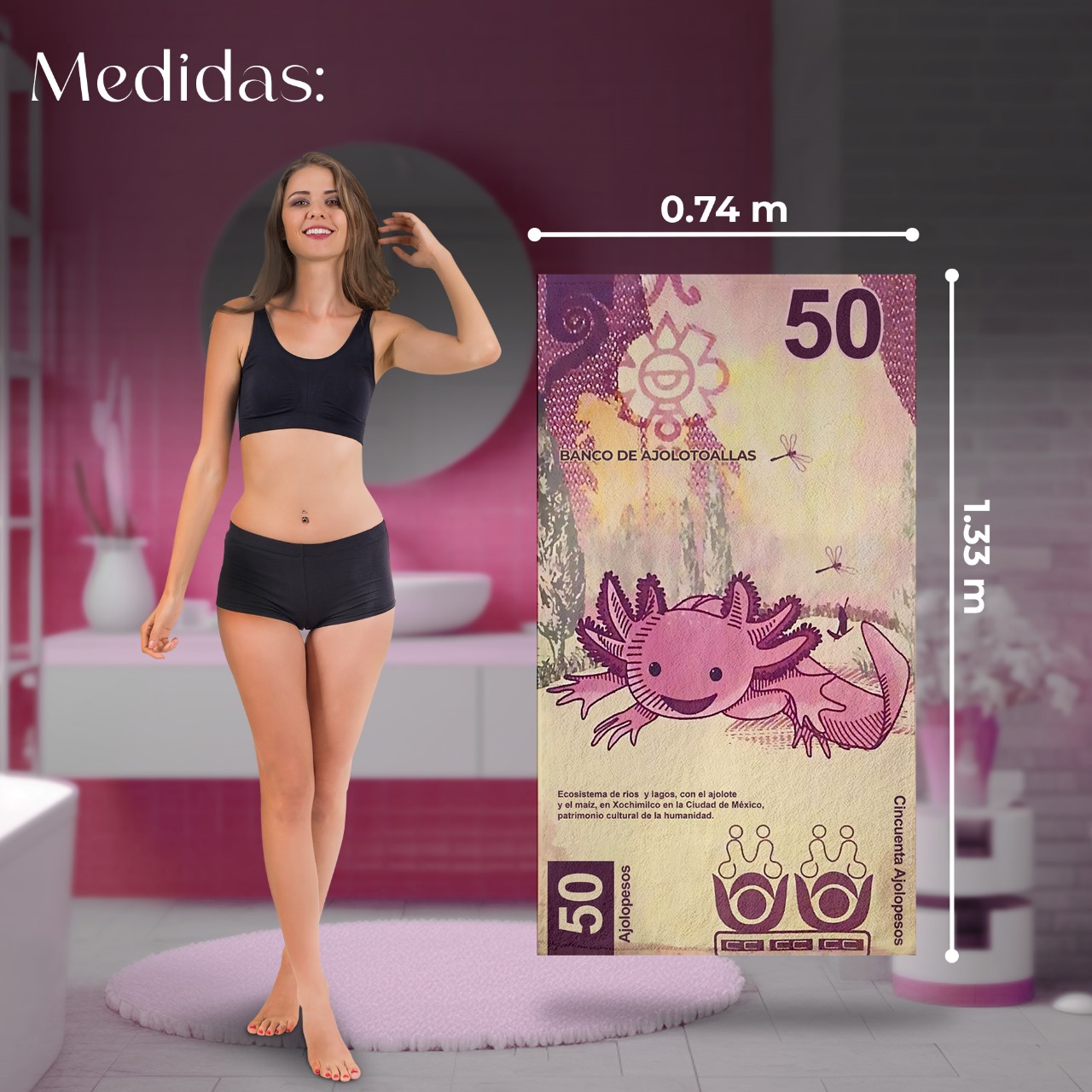 Toalla De Baño Diseño Billete 50 Pesos Ajolote Microfibra de Poliéster Suave Absorbente Secado Rápido Multiuso