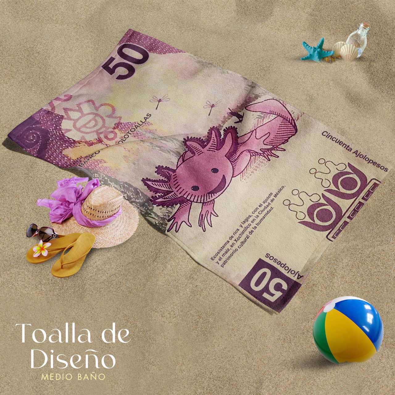 Toalla De Baño Diseño Billete 50 Pesos Ajolote Microfibra de Poliéster Suave Absorbente Secado Rápido Multiuso