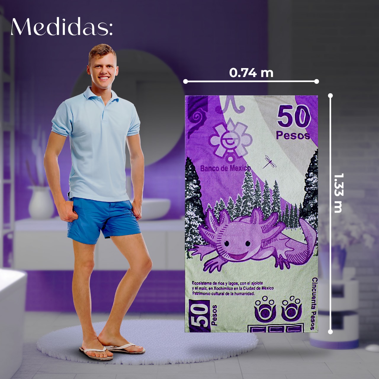 Toalla De Baño Diseño Ajolote Color Billete Microfibra de Poliéster Suave Absorbente Secado Rápido Multiuso