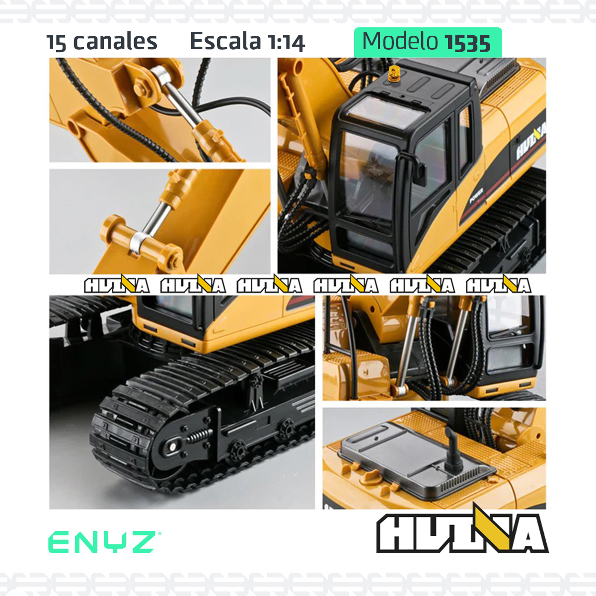 Excavadora a control remoto RC Huina 1535 Metal 1:14 15 canales 2.4Ghz professional excavator Rc de construcción Retroexcavadora RC Excavadora RC de juguete