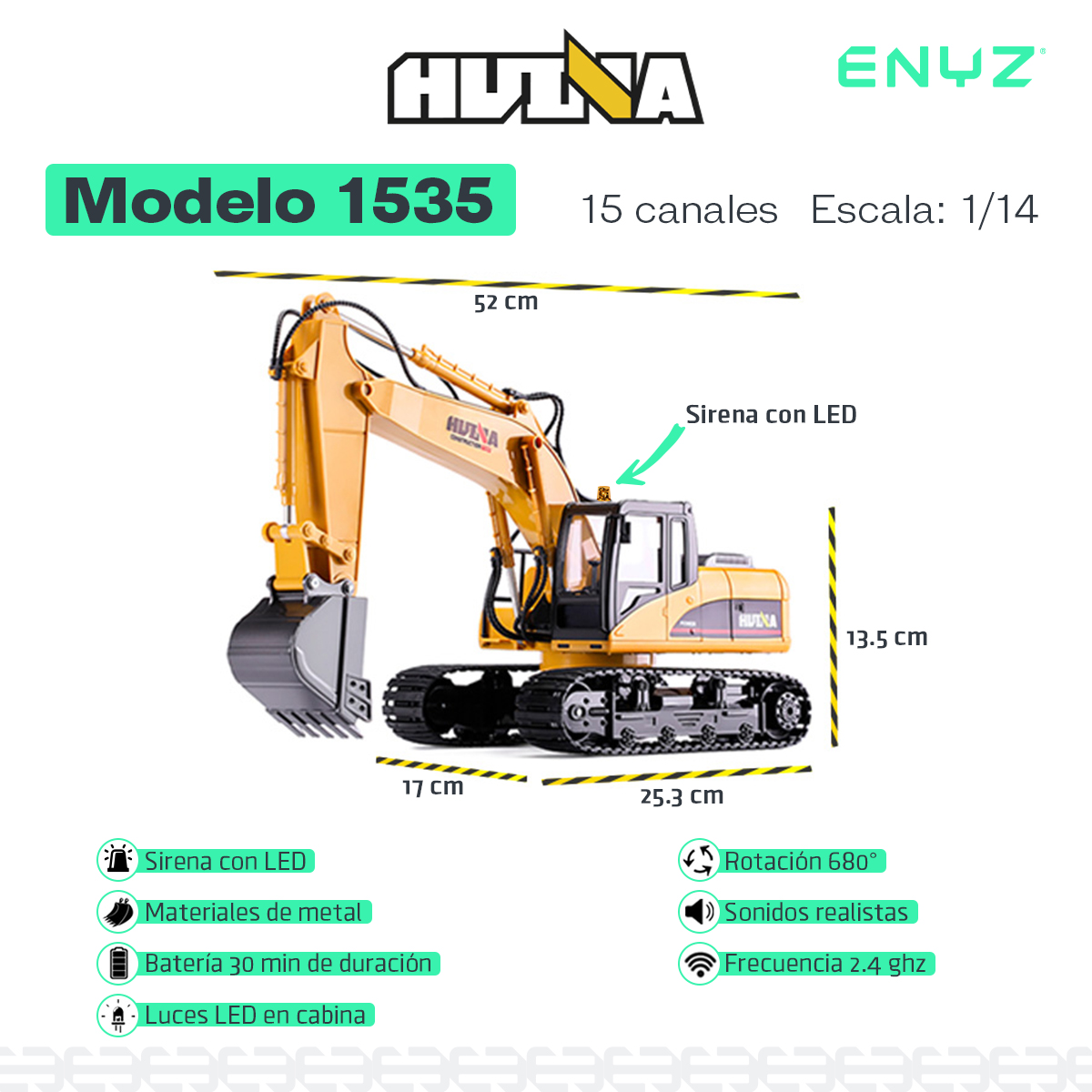 Excavadora a control remoto RC Huina 1535 Metal 1:14 15 canales 2.4Ghz professional excavator Rc de construcción Retroexcavadora RC Excavadora RC de juguete