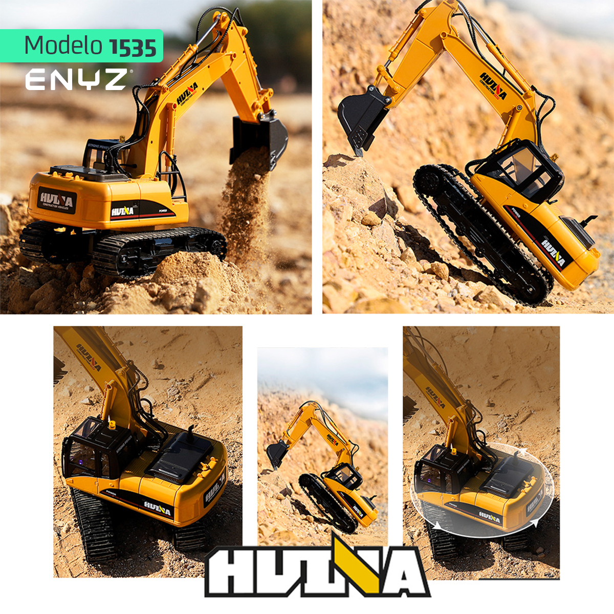 Excavadora a control remoto RC Huina 1535 Metal 1:14 15 canales 2.4Ghz professional excavator Rc de construcción Retroexcavadora RC Excavadora RC de juguete