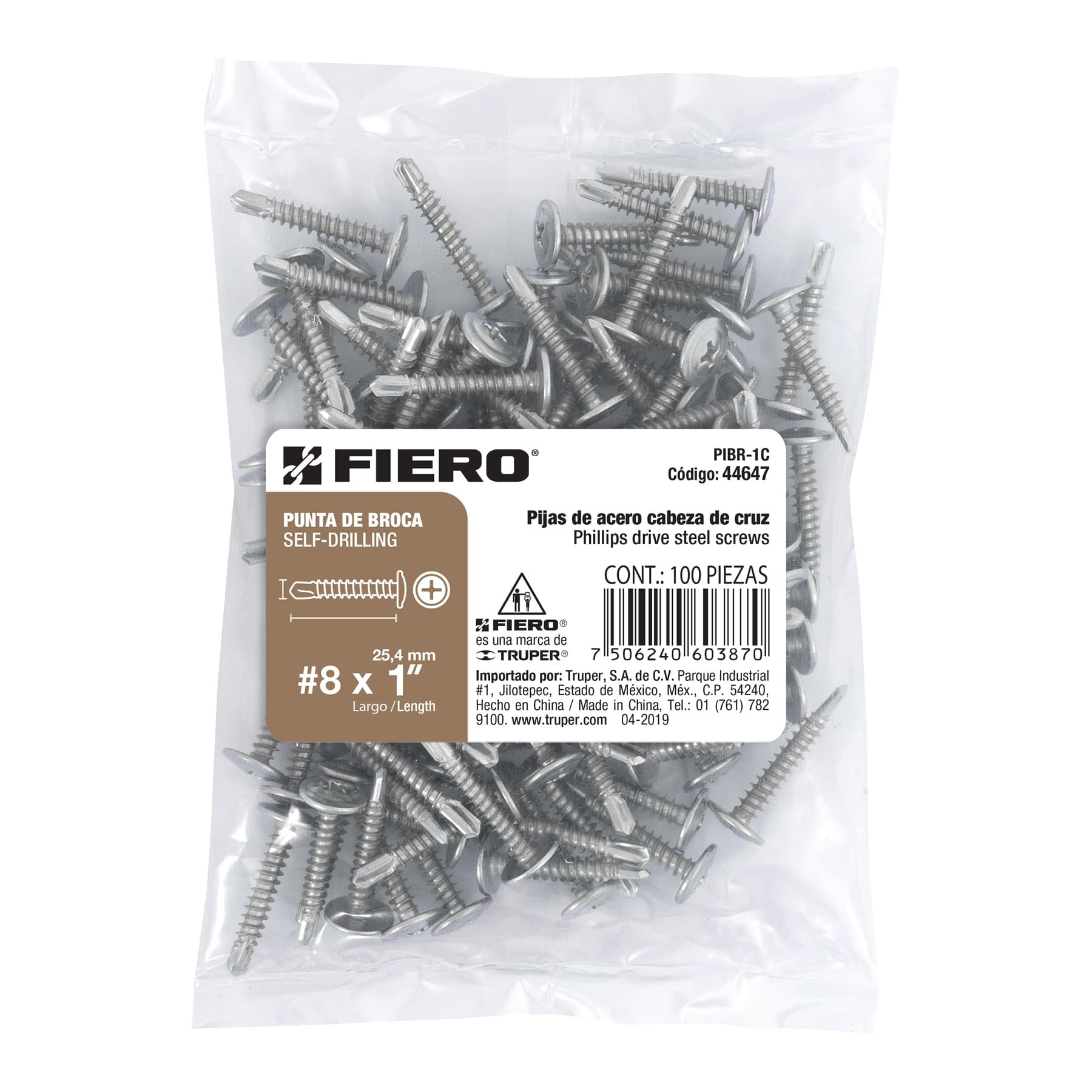 BOLSA CON 100 PIJAS CABEZA CRUZ, PUNTA DE BROCA 1", FIERO 44647