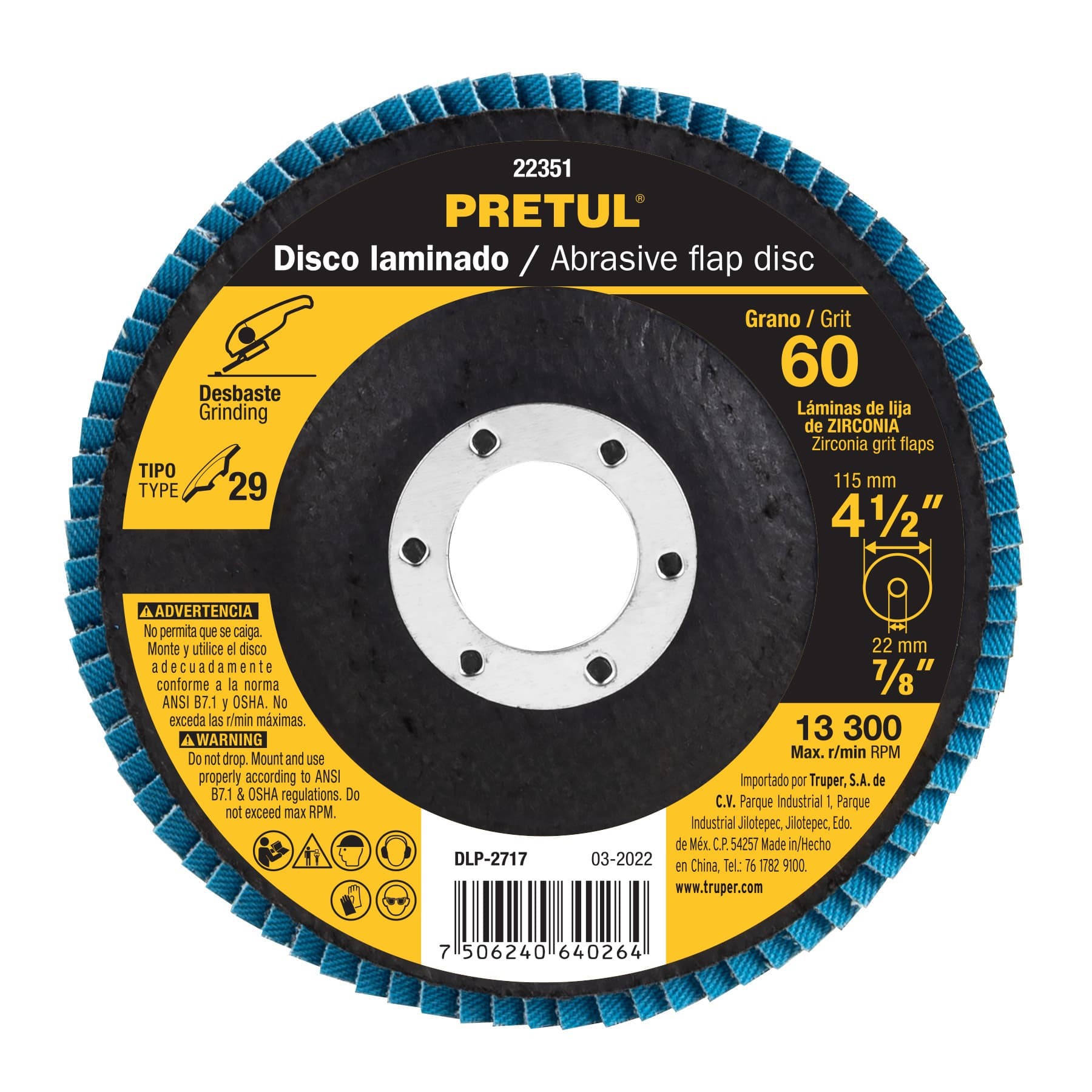 DISCO 4-1/2" LAMINADO GRANO 60 CENTRO 7/8", PRETUL 22351