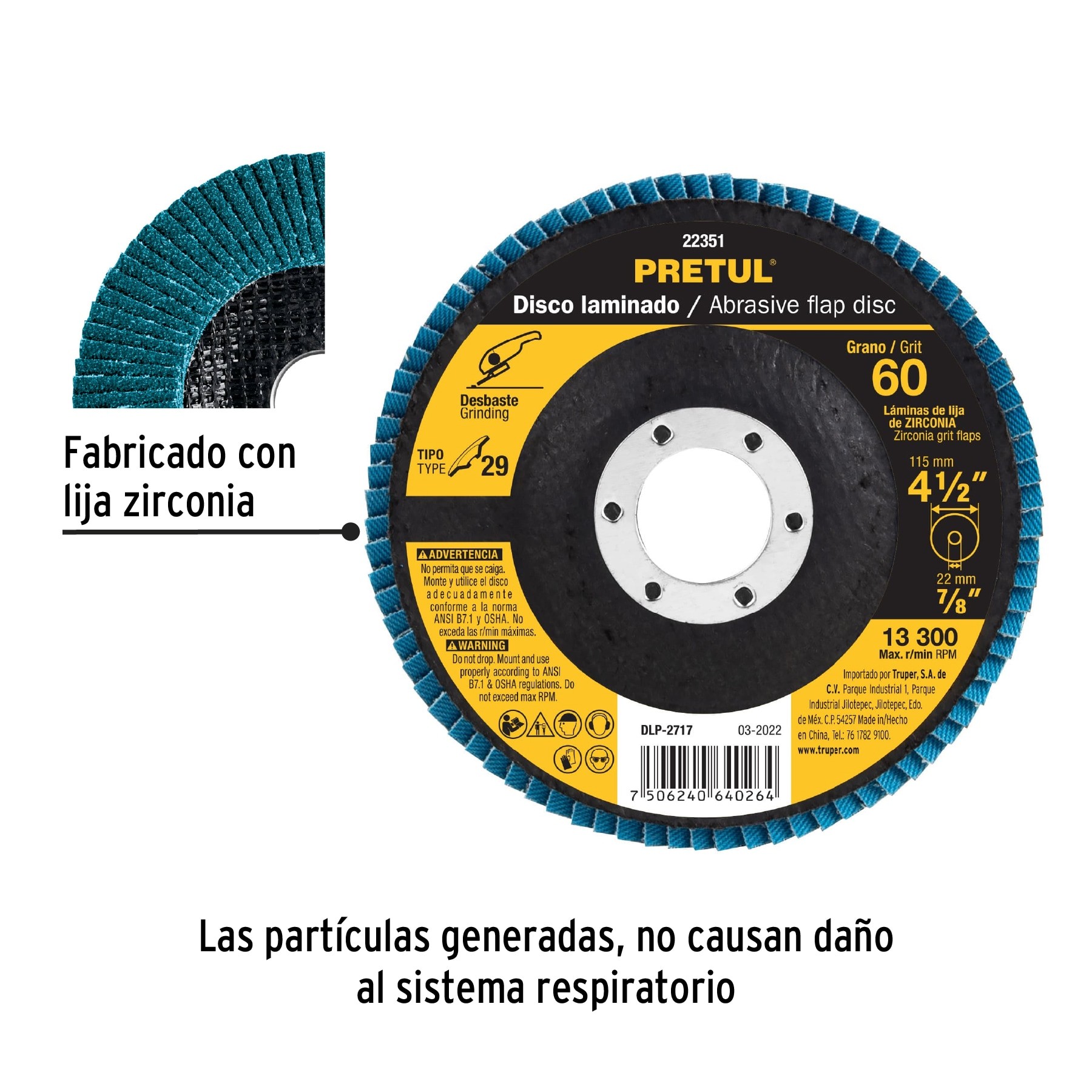 DISCO 4-1/2" LAMINADO GRANO 60 CENTRO 7/8", PRETUL 22351
