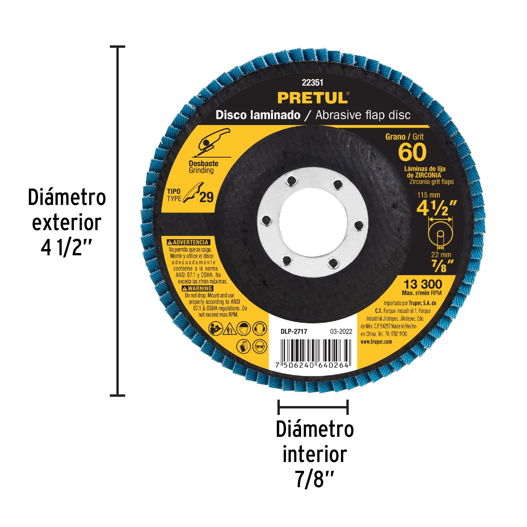 DISCO 4-1/2" LAMINADO GRANO 60 CENTRO 7/8", PRETUL 22351
