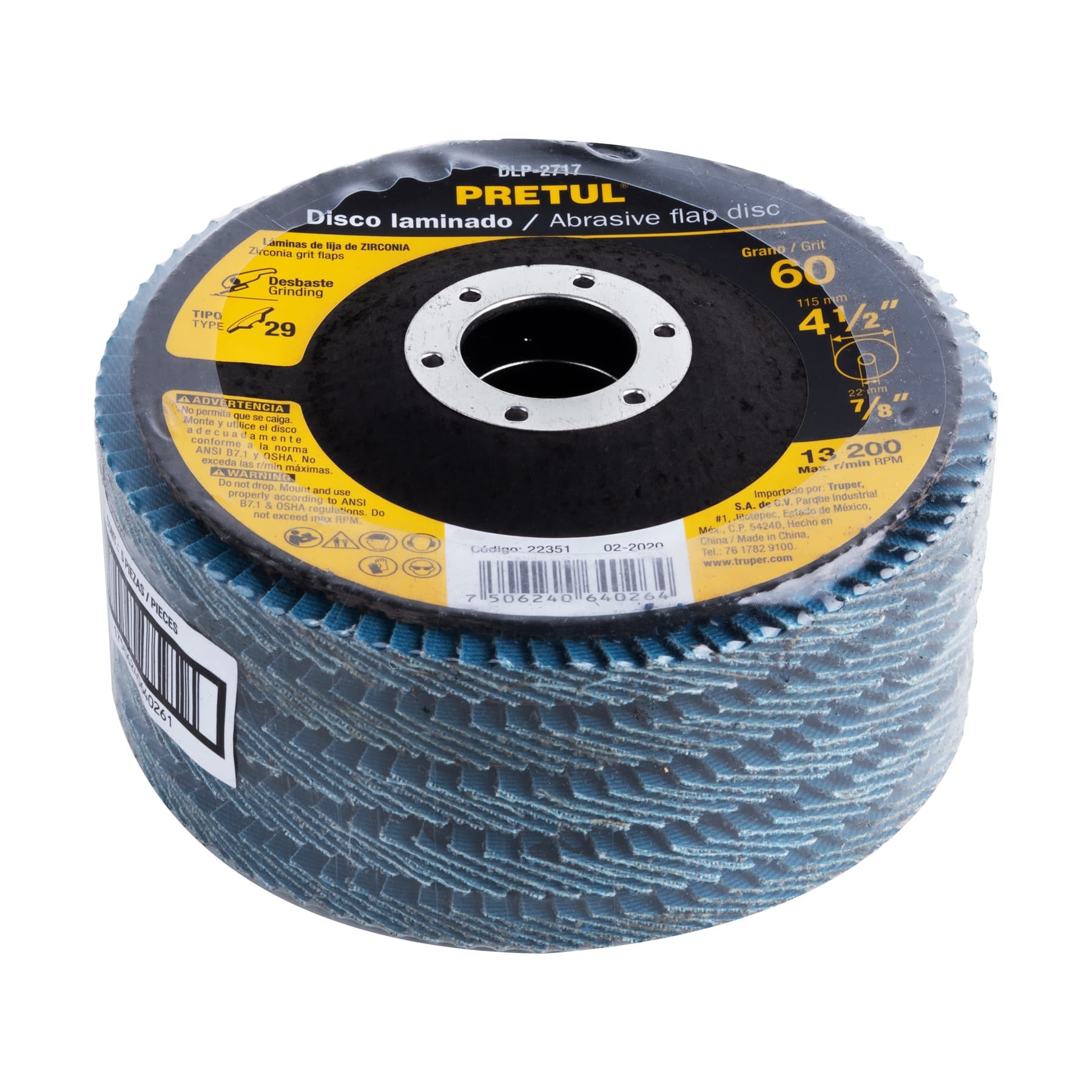 DISCO 4-1/2" LAMINADO GRANO 60 CENTRO 7/8", PRETUL 22351