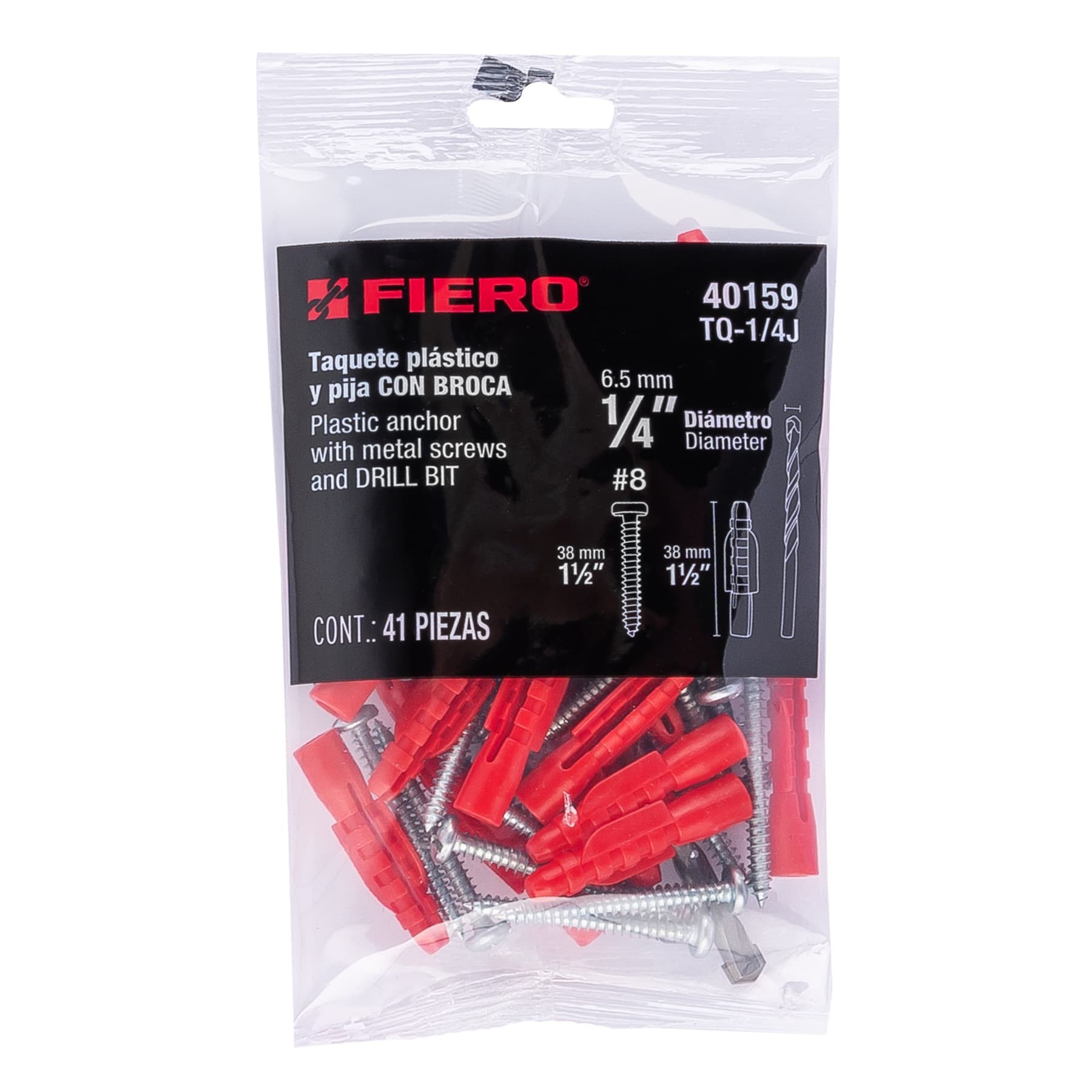 KIT DE 20 TAQUETES 1/4" CON PIJAS #8 Y 1 BROCA 1/4", FIERO 40159