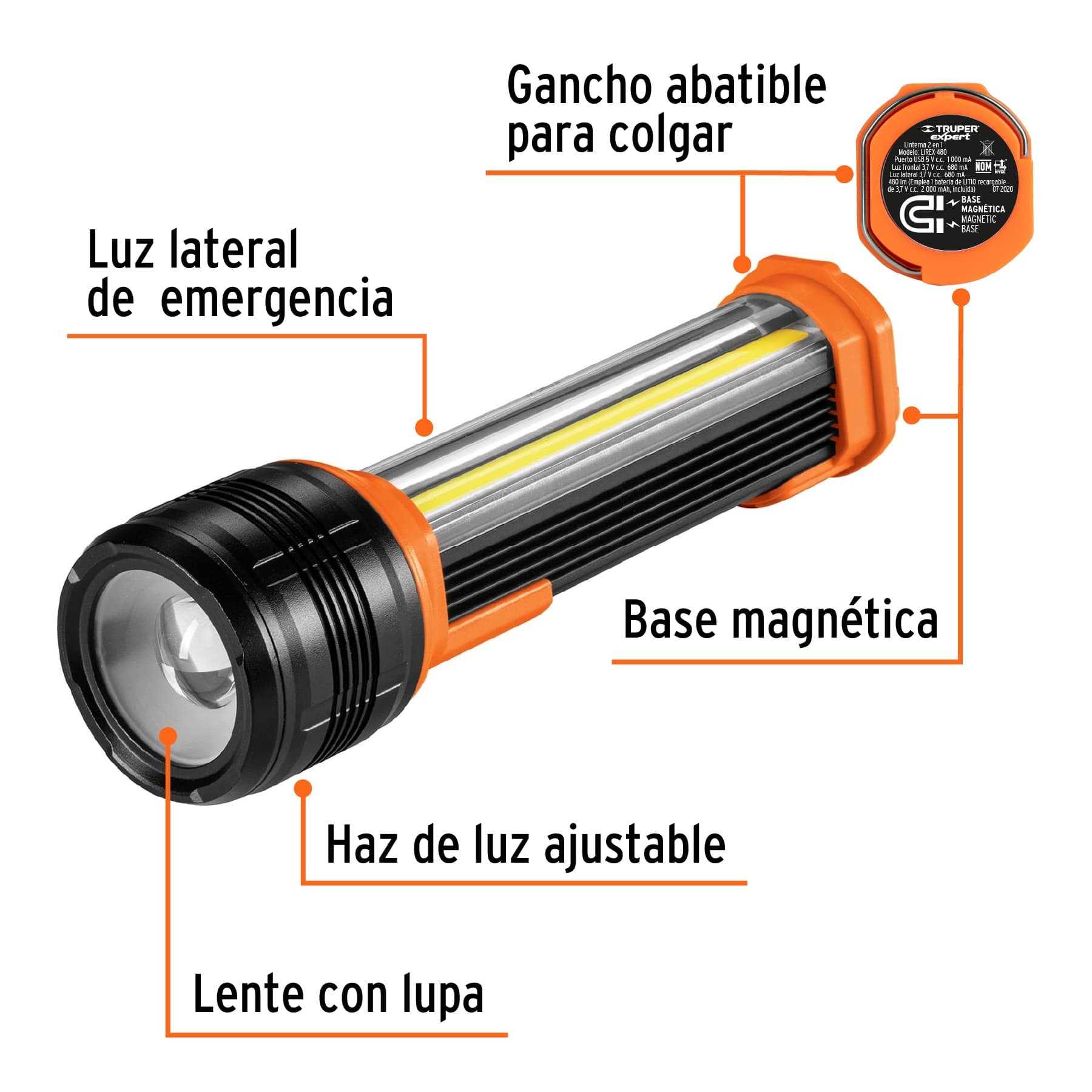 LINTERNA RECARGABLE CON LUZ EMERGENCIA, 480LM, TRUPER EXPERT 13415