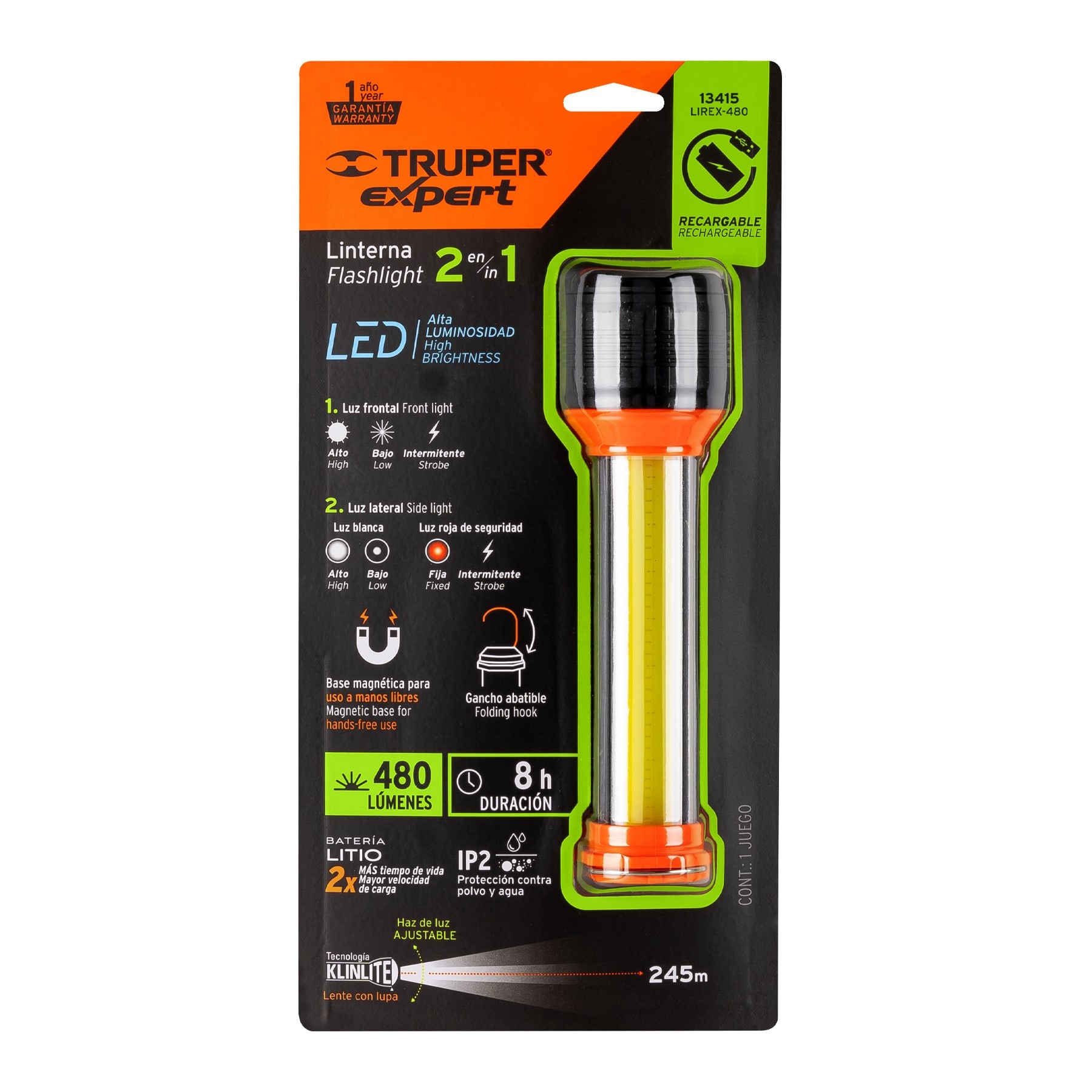 LINTERNA RECARGABLE CON LUZ EMERGENCIA, 480LM, TRUPER EXPERT 13415