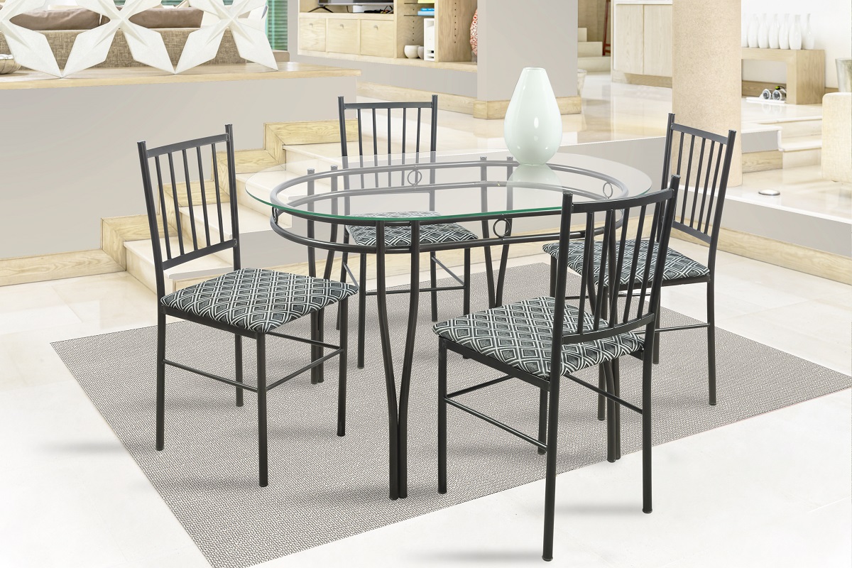 Comedor Oval 4 Sillas Tubular y Cristal Templado