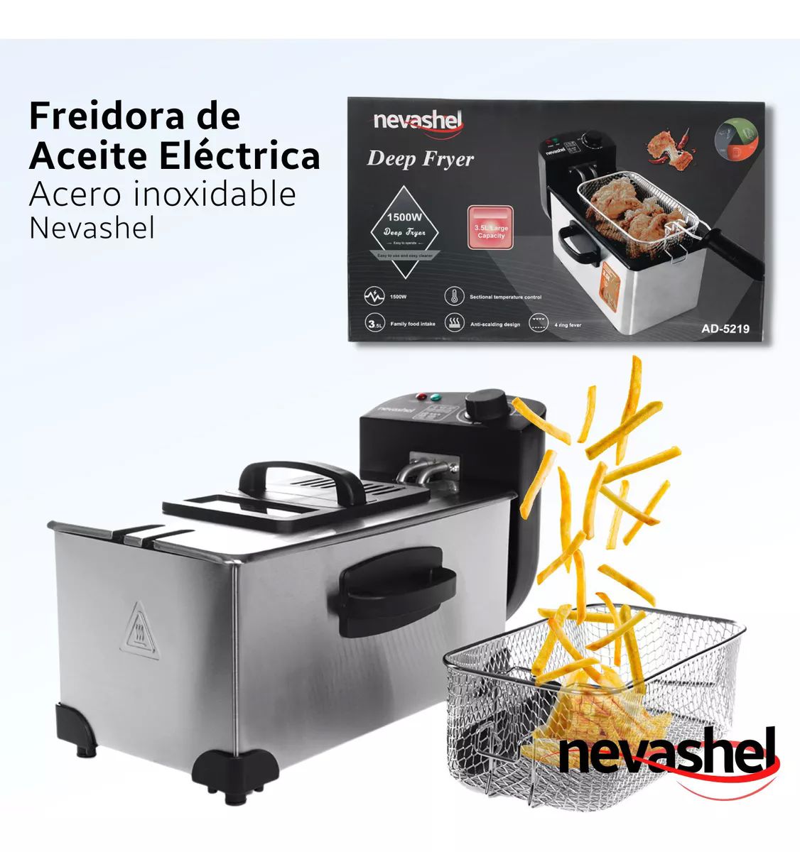 Freidora Electrica Aceite 3.5l Acero Inoxidable Multifuncion Color Plateado